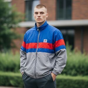 Vtg Adidas Jacket Mens L Blue Red Gray  Full Zip Windbreaker Streetwear Hip Hop